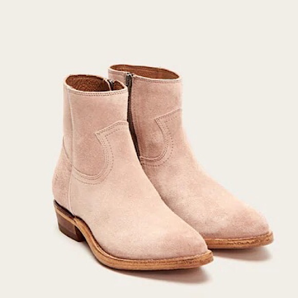 Frye Billy Blush Pink Suede Leather Zip Up Short Cute Festival Cowboy Ankle Boot - Picture 3 of 16